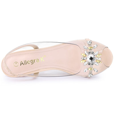 Clear Slingback Flower Rhinestone Peep Toe Heel Sandals