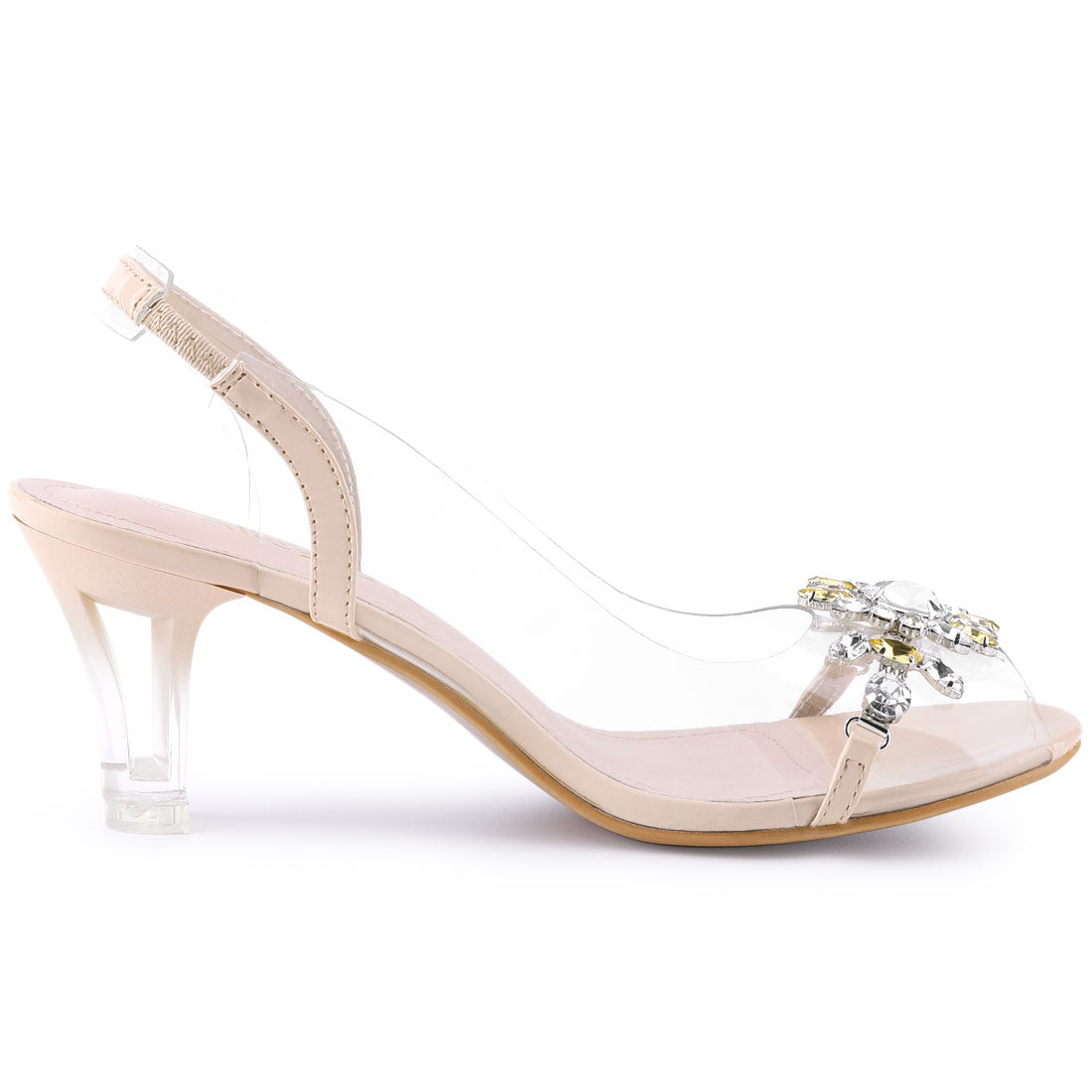 Allegra K Clear Slingback Flower Rhinestone Peep Toe Heel Sandals