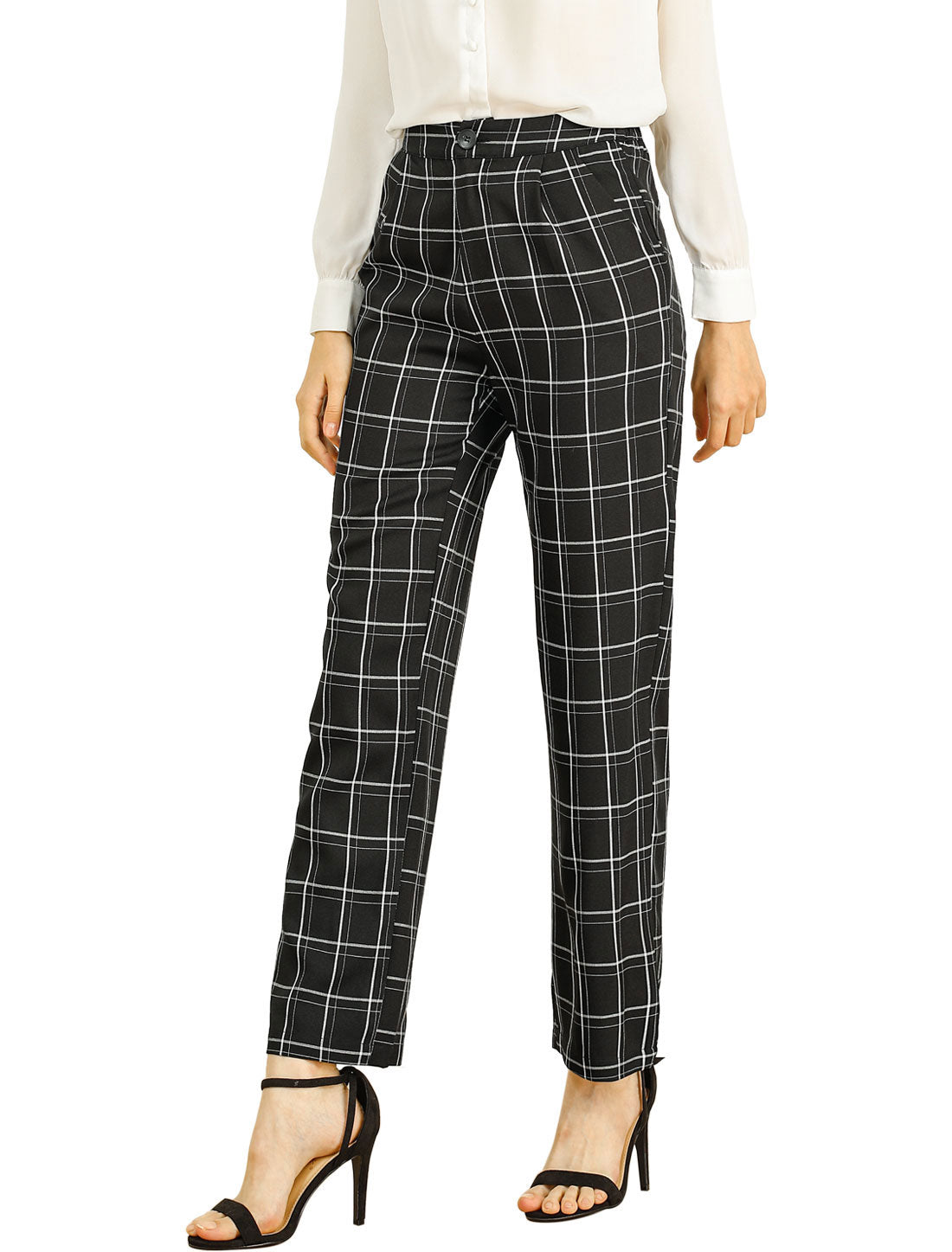 Allegra K Plaid Pants Elastic Waist Casual Work Office Long Trousers