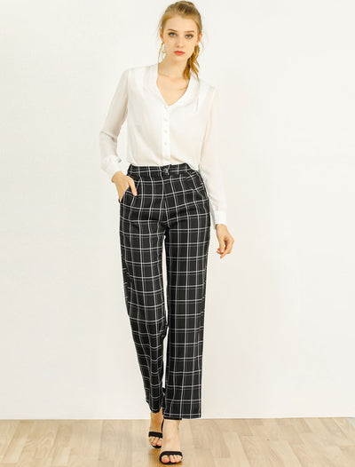 Plaid Pants Elastic Waist Casual Work Office Long Trousers