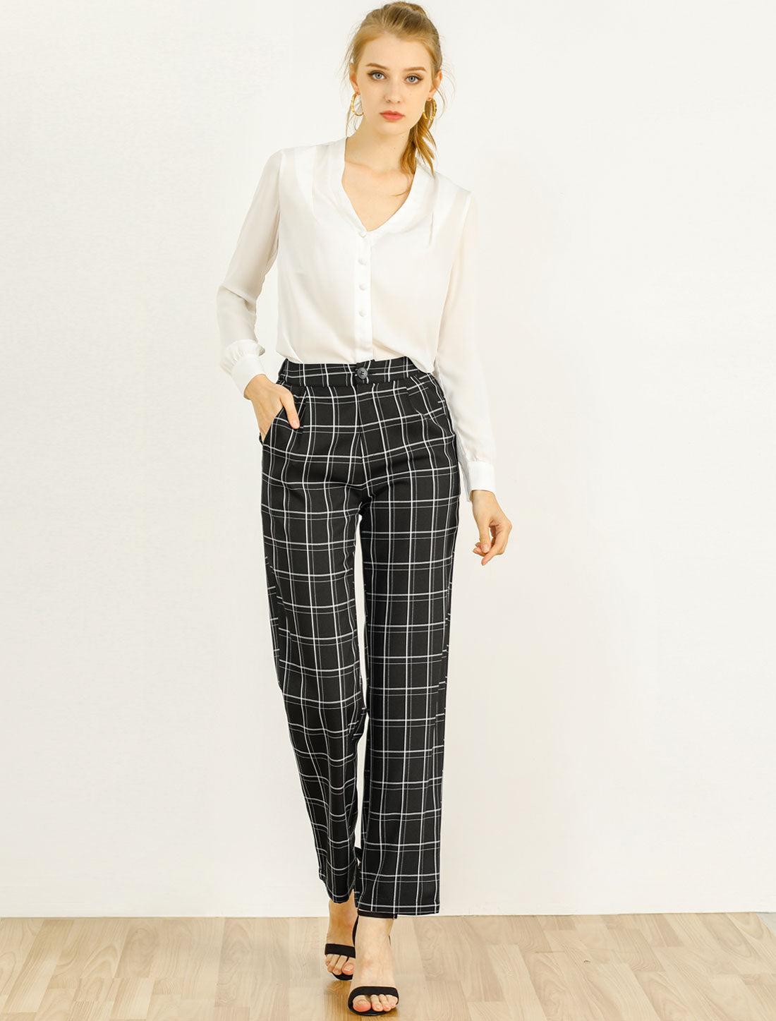 Allegra K Plaid Pants Elastic Waist Casual Work Office Long Trousers