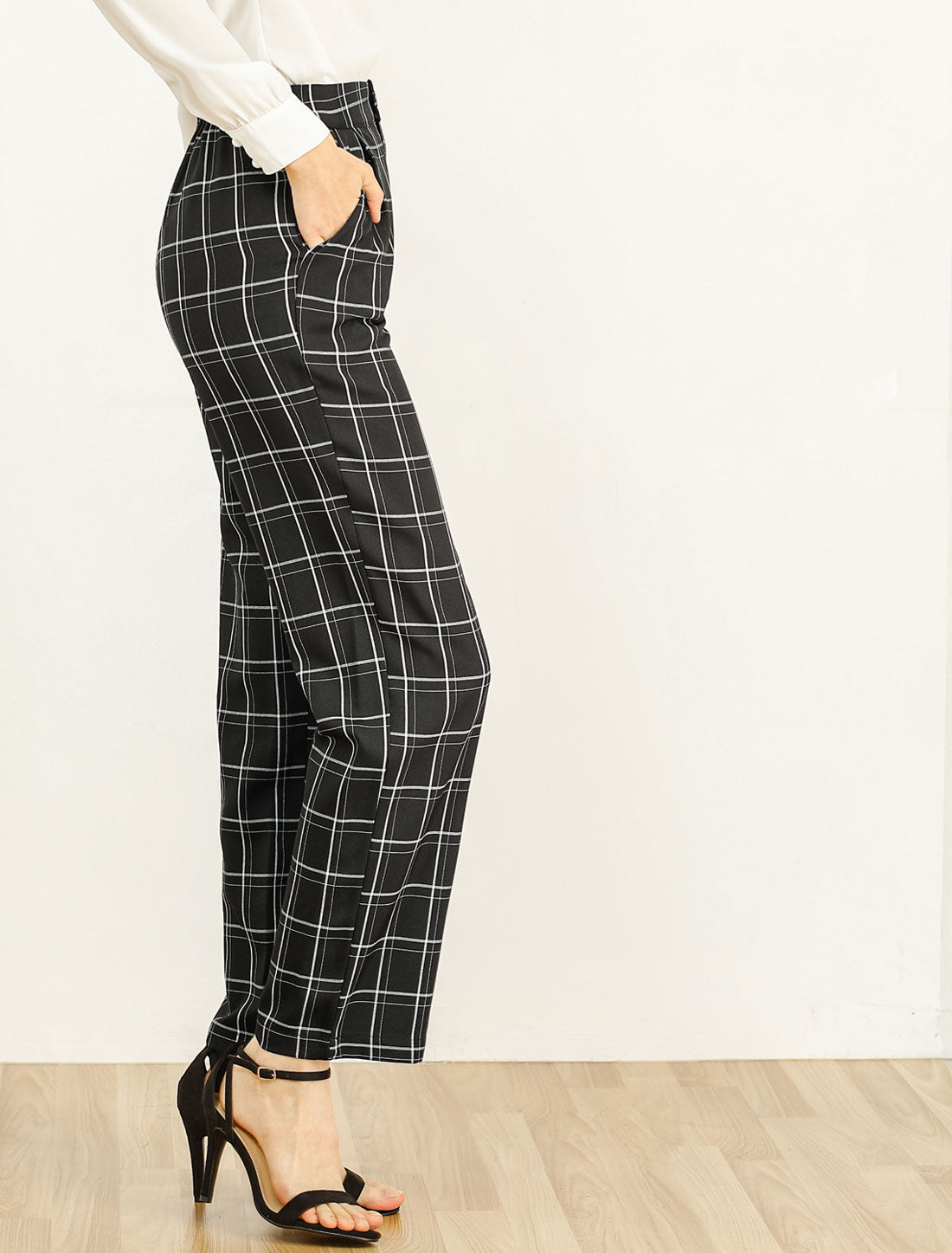 Allegra K Plaid Pants Elastic Waist Casual Work Office Long Trousers