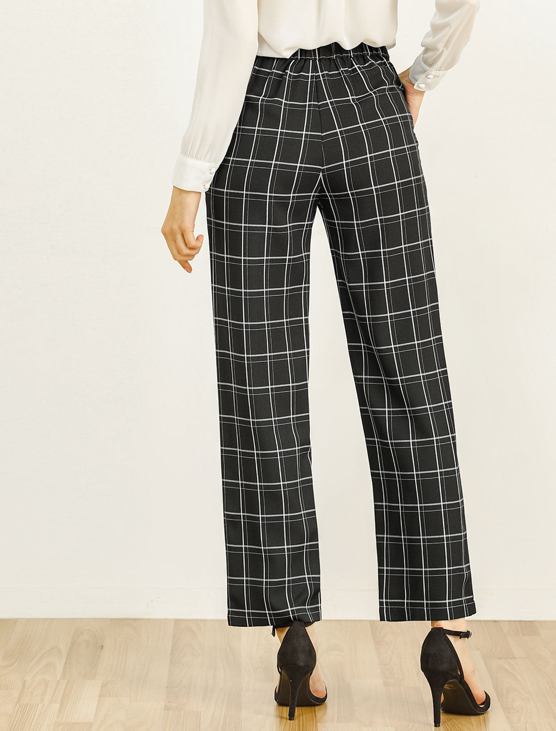 Allegra K Plaid Pants Elastic Waist Casual Work Office Long Trousers