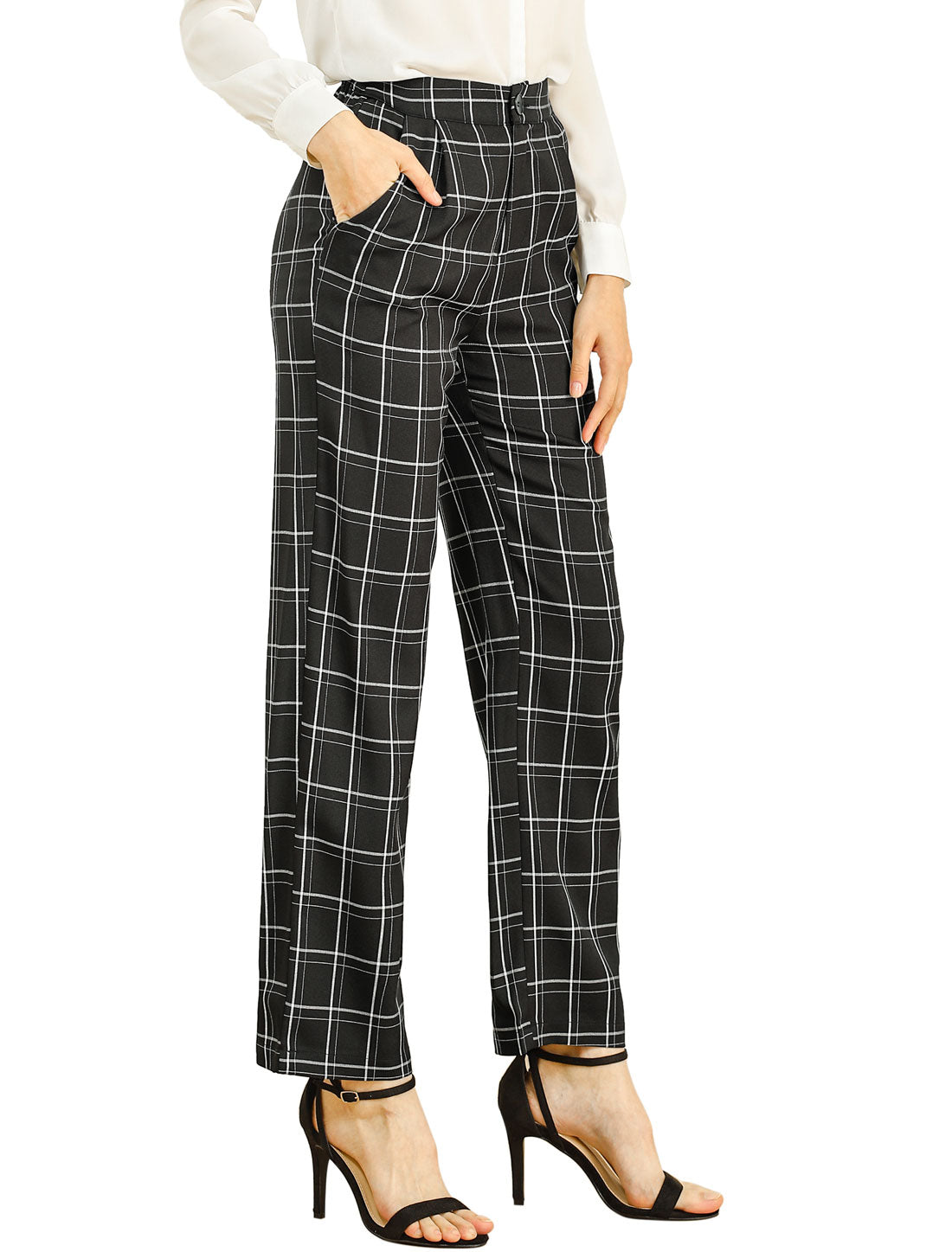 Allegra K Plaid Pants Elastic Waist Casual Work Office Long Trousers