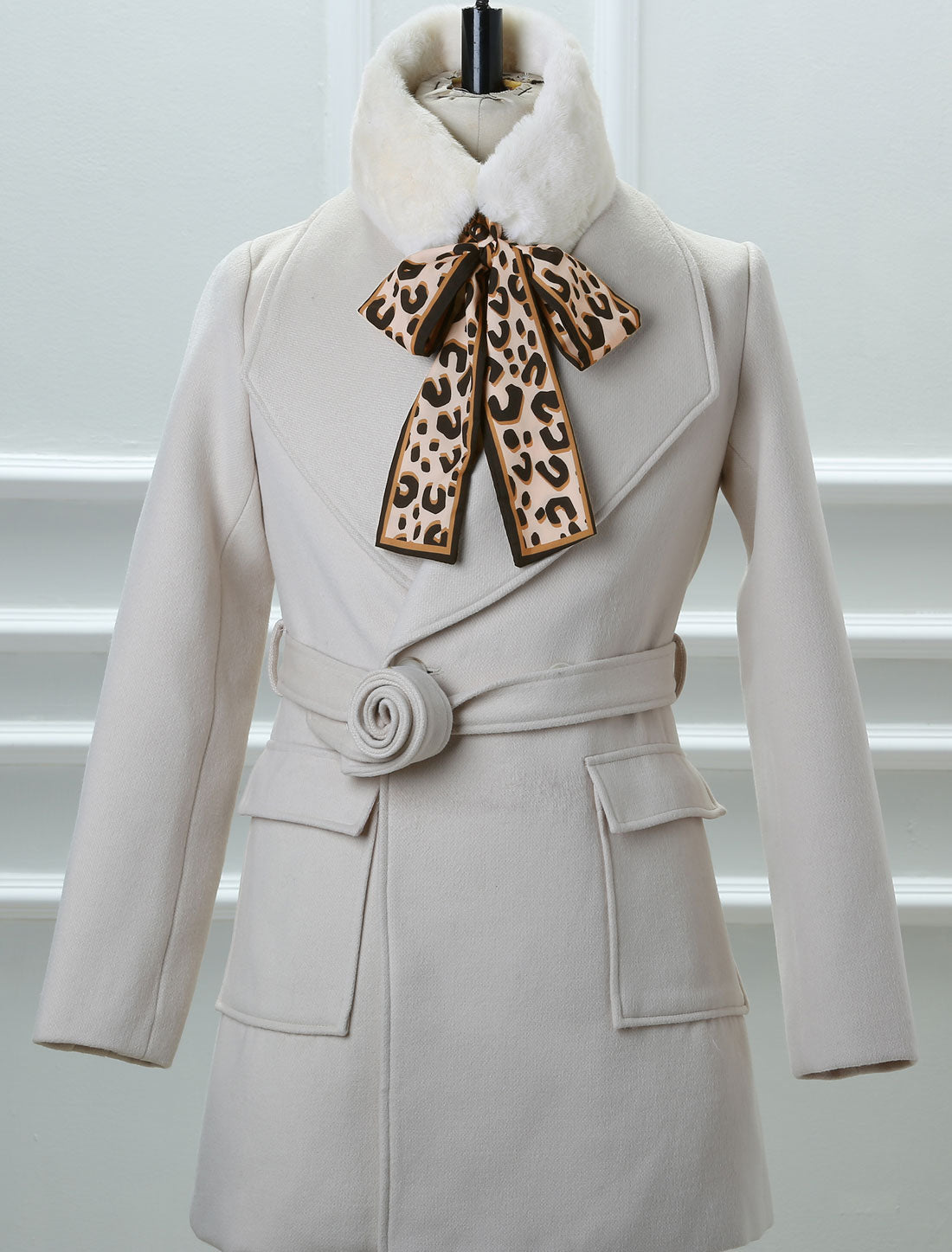 Allegra K Leopard Ribbons Faux Fur Winter Wrap Collar Plush Neck Scarves Warmer