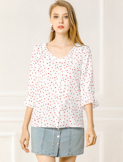 Button Down Shirt Ruffled Collar Elbow Sleeve Heart Print Blouse