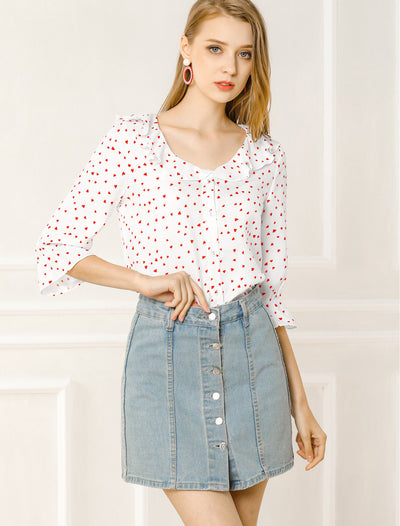 Button Down Shirt Ruffled Collar Elbow Sleeve Heart Print Blouse