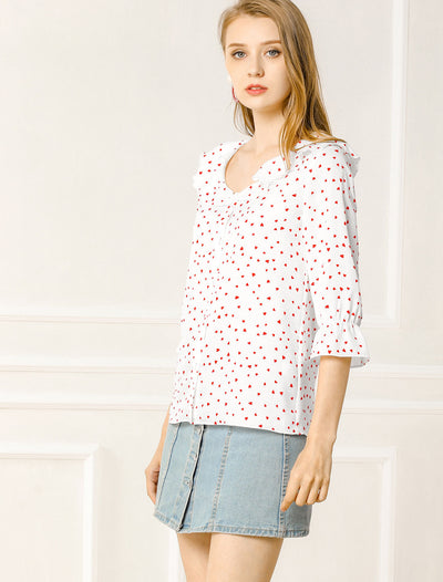 Button Down Shirt Ruffled Collar Elbow Sleeve Heart Print Blouse