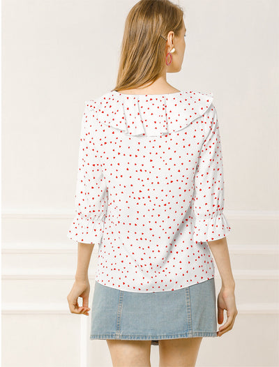 Button Down Shirt Ruffled Collar Elbow Sleeve Heart Print Blouse