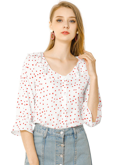 Button Down Shirt Ruffled Collar Elbow Sleeve Heart Print Blouse