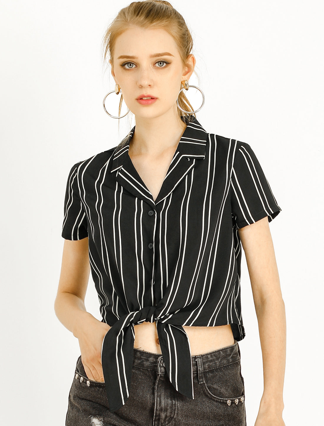 Allegra K Striped Button Up Lapel Collar Top Short Sleeve Tie Front Crop Shirt