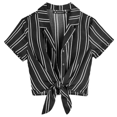 Striped Button Up Lapel Collar Top Short Sleeve Tie Front Crop Shirt