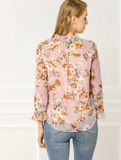 Ruffle Collar 3/4 Sleeve Tie Neck Chiffon Floral Blouse Top