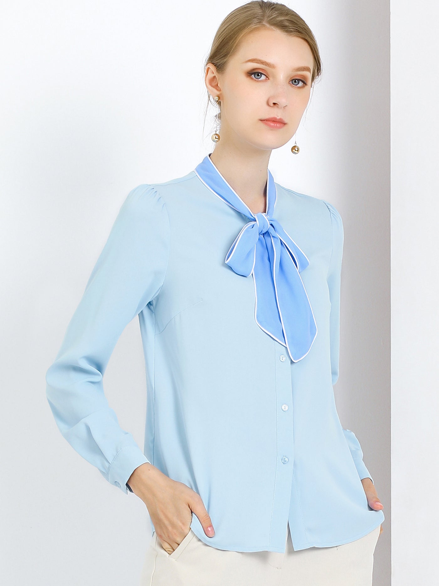 Allegra K Tie Neck Contrast Color Button Down Long Sleeve Shirt