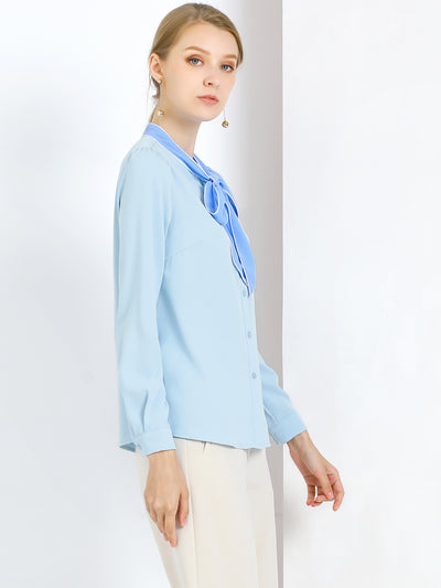 Tie Neck Contrast Color Button Down Long Sleeve Shirt