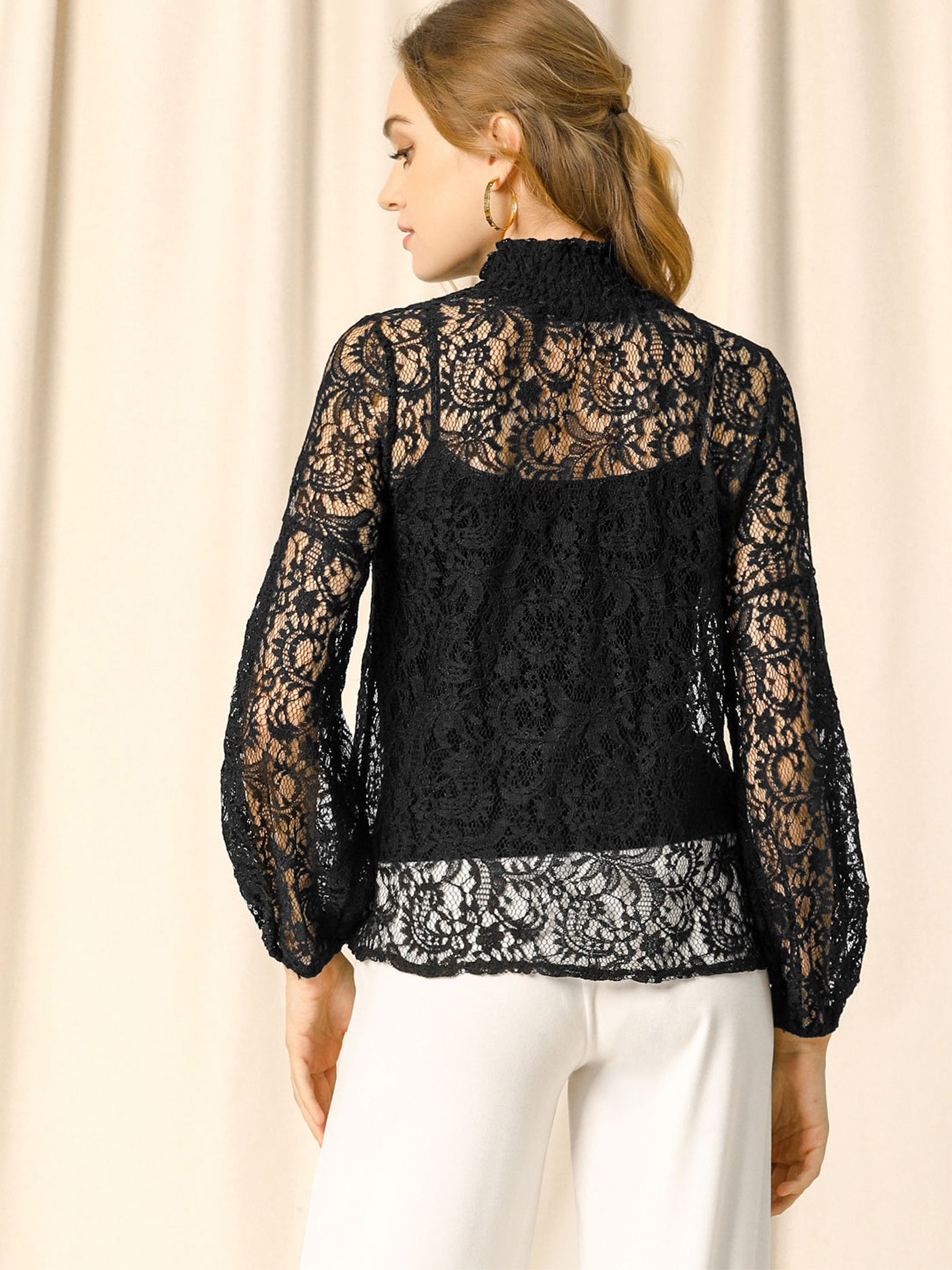 Allegra K Women's Floral Lace Top Turtleneck Puff Long Sleeve See