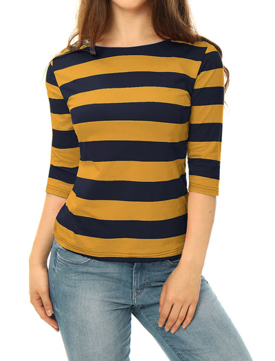 Striped Elbow Sleeve Casual Basic Boat Neck T-shirt