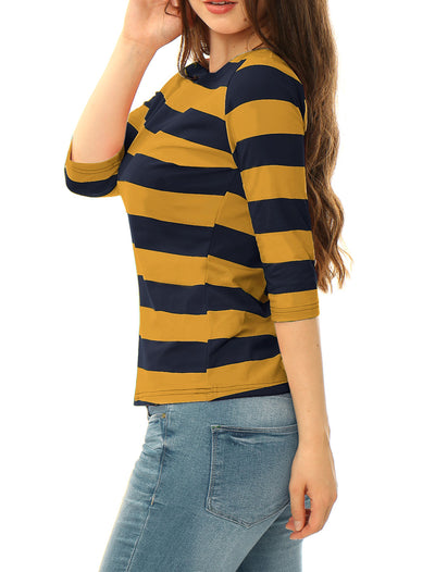 Striped Elbow Sleeve Casual Basic Boat Neck T-shirt