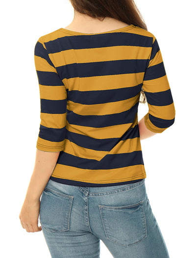 Striped Elbow Sleeve Casual Basic Boat Neck T-shirt