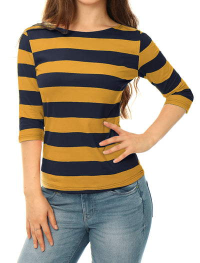 Striped Elbow Sleeve Casual Basic Boat Neck T-shirt