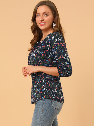 Bow Tie Neck 3/4 Raglan Sleeve Floral Blouse Tops