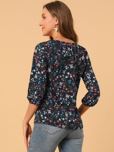 Bow Tie Neck 3/4 Raglan Sleeve Floral Blouse Tops