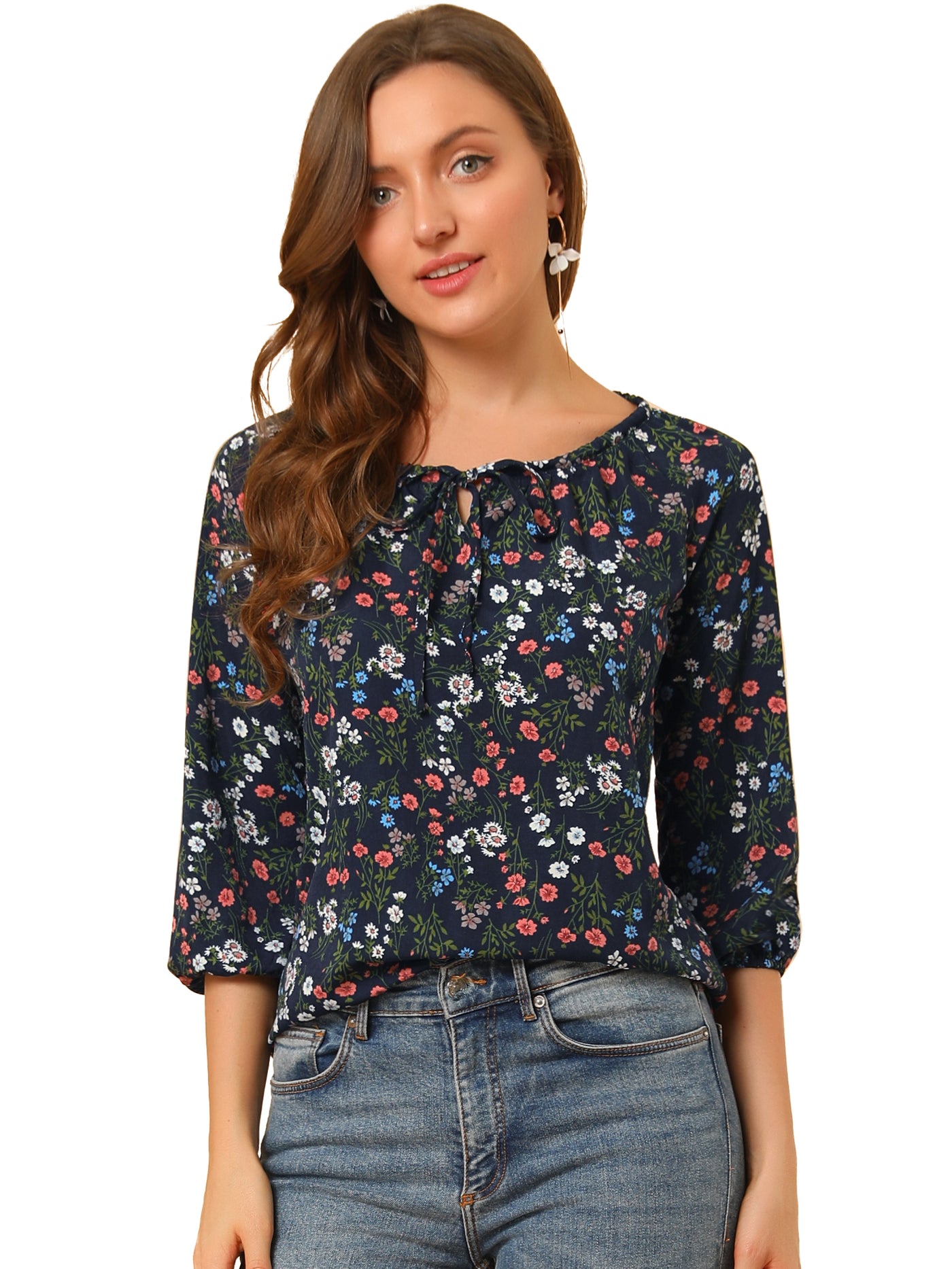 Allegra K Bow Tie Neck 3/4 Raglan Sleeve Floral Blouse Tops