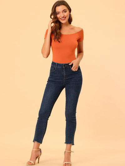 Off Shoulder Short Sleeve Solid Basic Sexy Slim Fit Blouse