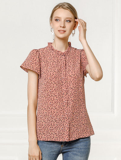 Ruffle Summer Dots Print Retro Short Sleeve Button Blouse