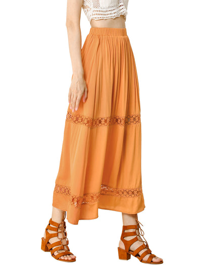 Long Elastic Waist Swing A-Line Lace Insert Maxi Skirt