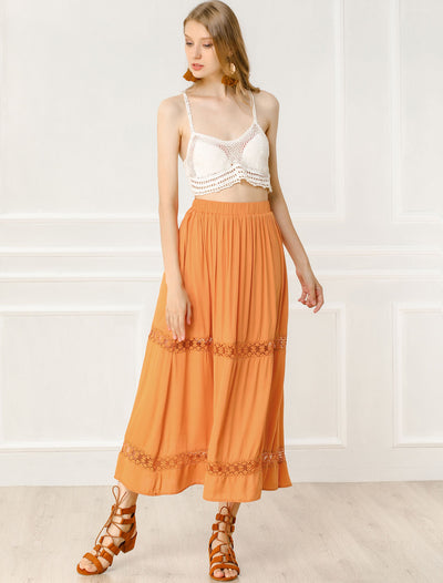 Long Elastic Waist Swing A-Line Lace Insert Maxi Skirt