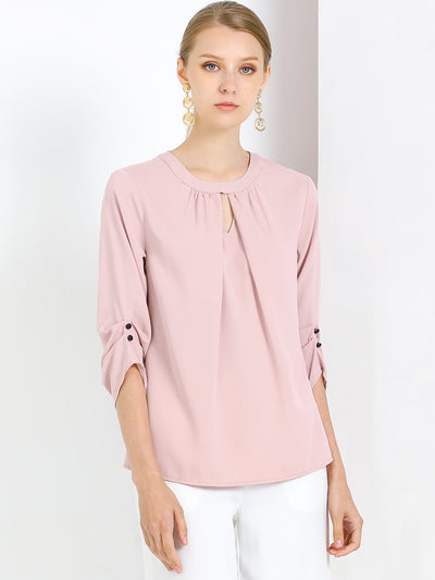 Office Keyhole Pleated Front Ruched 3/4 Sleeve Chiffon Blouse