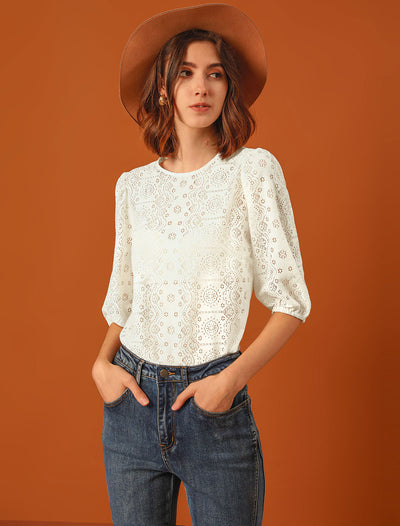 Allegra K Sheer Puff Sleeve Retro Embroidery Tops Lace Blouse