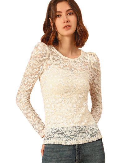 Retro Semi Sheer Puff Long Sleeve Embroidery Lace Blouse