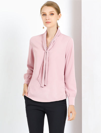 Long Sleeve Blouse Chiffon Pleated Tie Neck Office Top Shirt