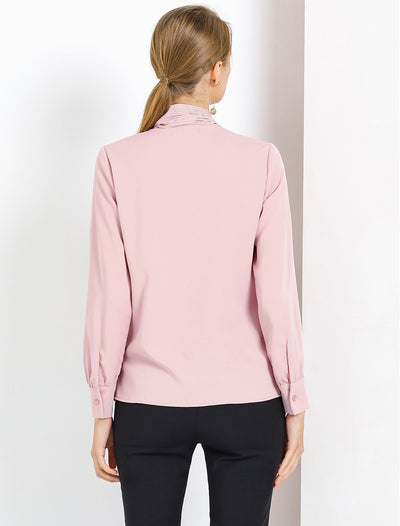 Long Sleeve Blouse Chiffon Pleated Tie Neck Office Top Shirt