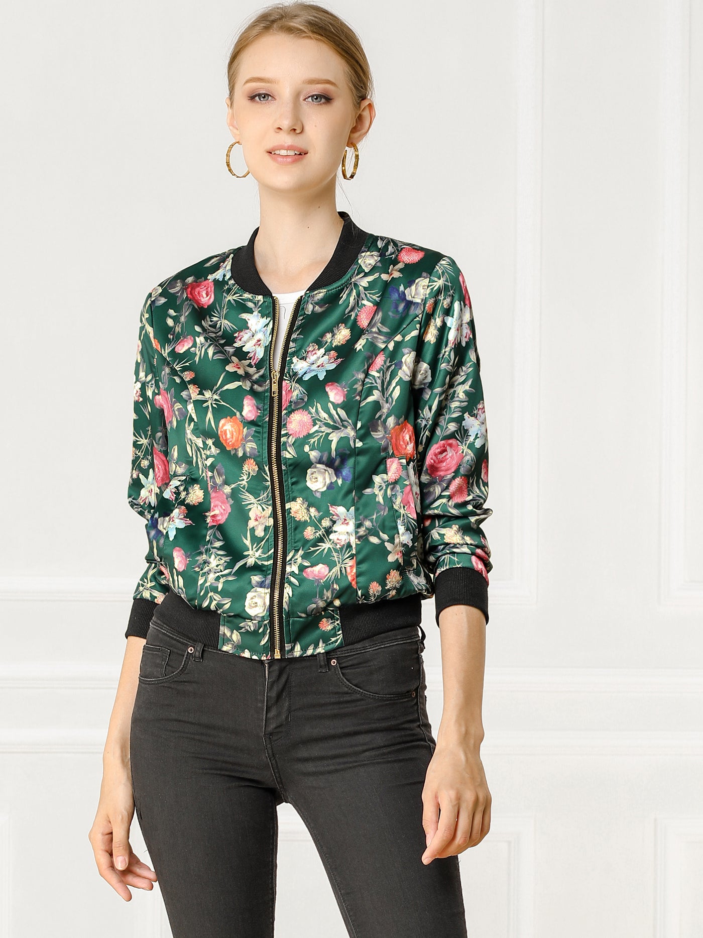 Allegra K Stand Collar Floral Print Zip Up Bomber Jacket