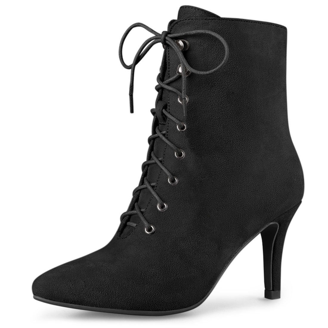 Allegra K Pointy Toe Zip Lace Up Stiletto Heel Ankle Boots