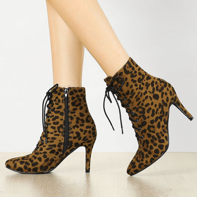 Pointy Toe Zip Lace Up Stiletto Heel Ankle Boots