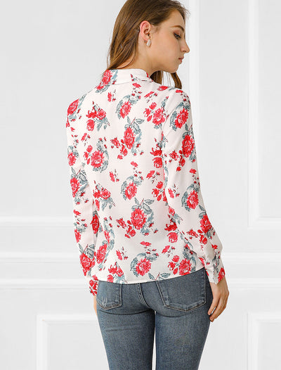 Button Down Floral Blouse Long Sleeve Point Collar Shirt Top