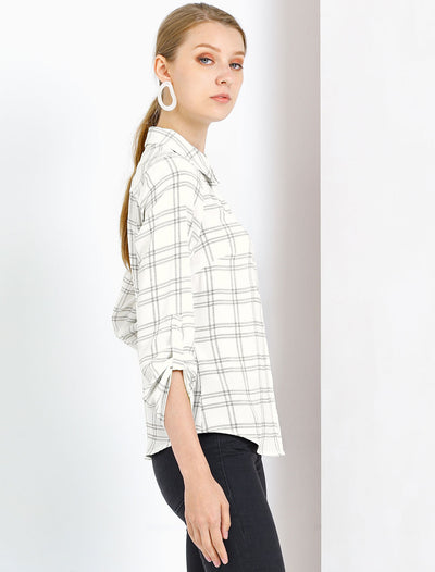 Roll Up Sleeve Collared Button Up Plaid Office Shirt