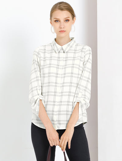 Roll Up Sleeve Collared Button Up Plaid Office Shirt