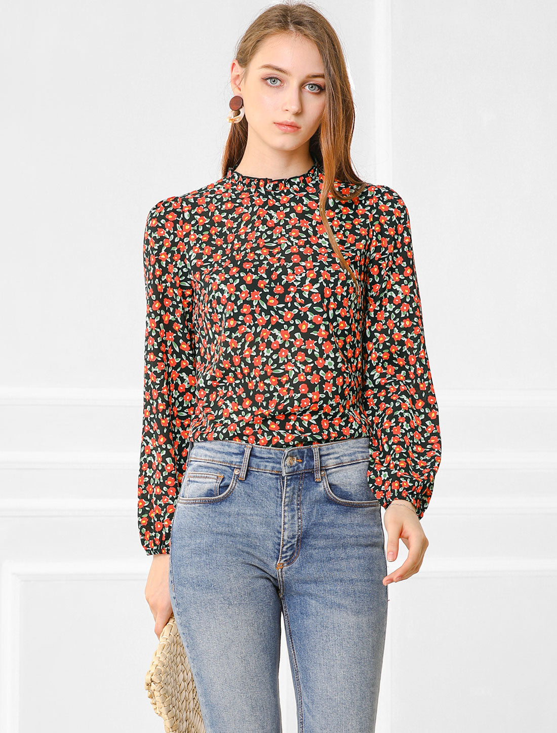 Allegra K Casual Stand Collared Blouse Long Sleeve Floral Tops