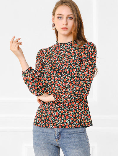 Casual Stand Collared Blouse Long Sleeve Floral Tops