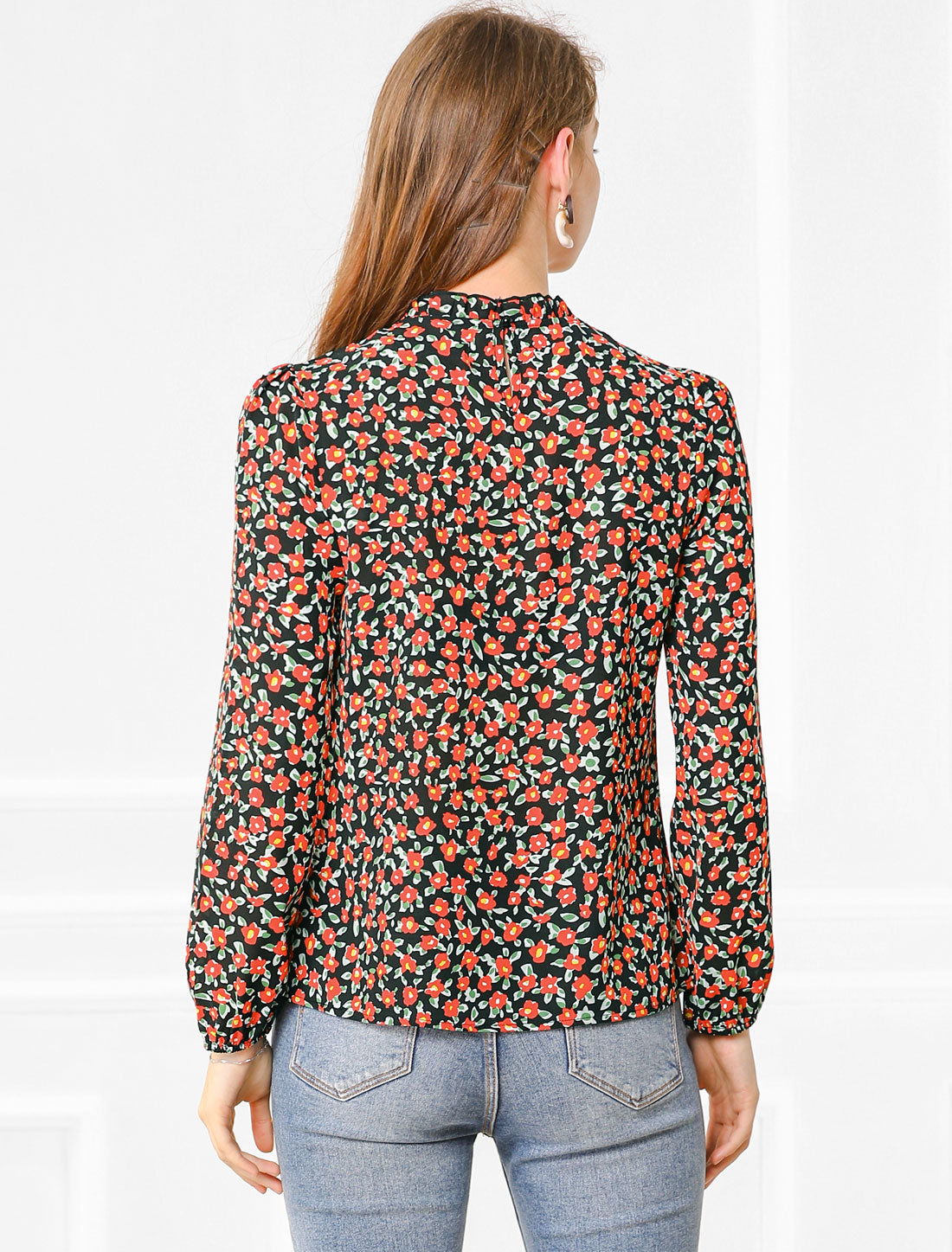 Allegra K Casual Stand Collared Blouse Long Sleeve Floral Tops
