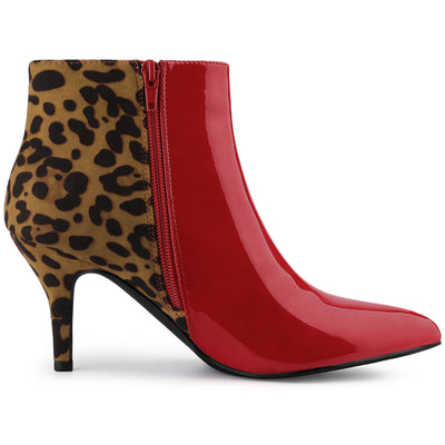 Contrast Color Leopard Print Stiletto Heel Ankle Boots