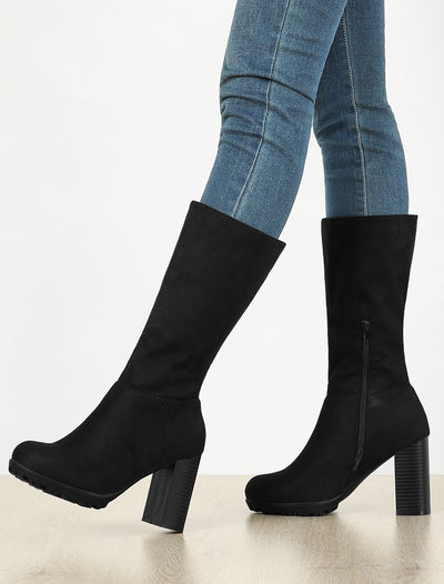 Faux Suede Mid Calf Block Heel Side Zipper Mid-Calf Boots