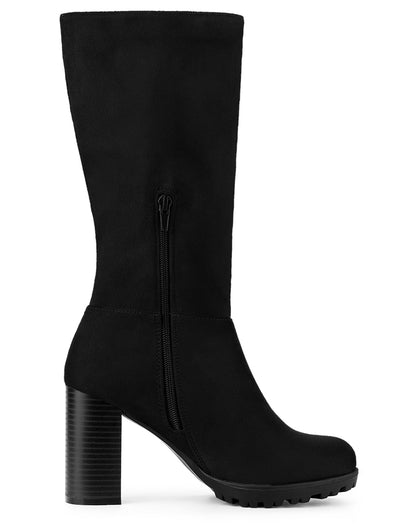 Faux Suede Mid Calf Block Heel Side Zipper Mid-Calf Boots