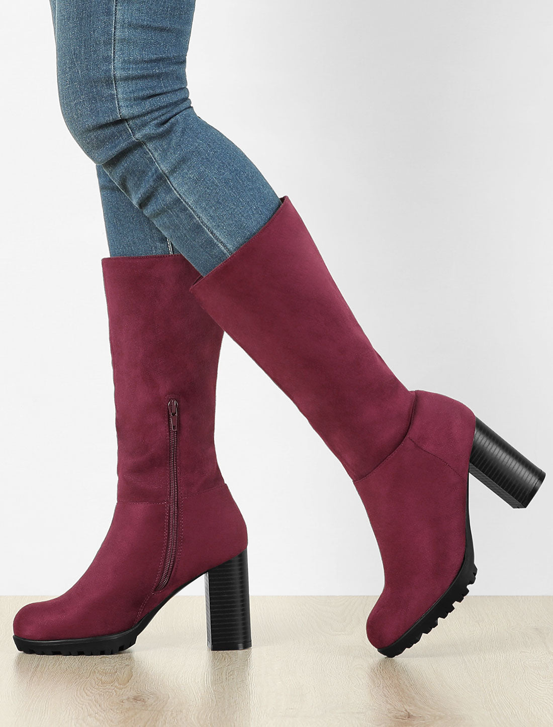 Allegra K Faux Suede Mid Calf Block Heel Side Zipper Mid-Calf Boots