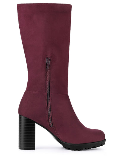 Faux Suede Mid Calf Block Heel Side Zipper Mid-Calf Boots